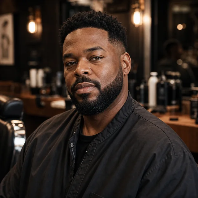Illustrative privacy-protection portrait for an anonymous barbershop customer