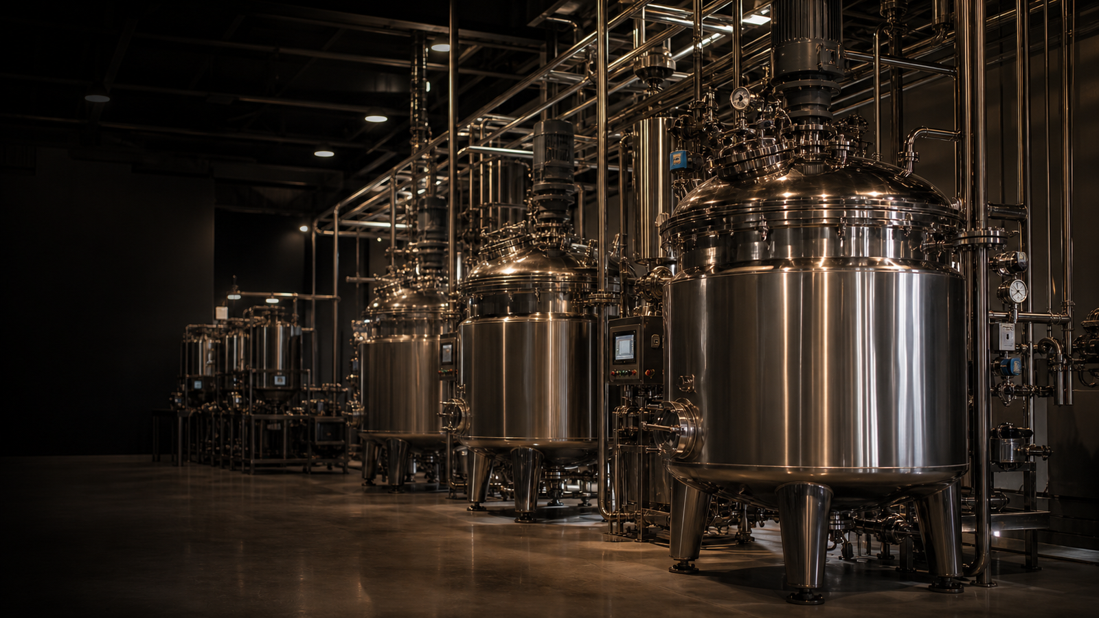 Large stainless steel reactors showing the scale of traditional factory systems