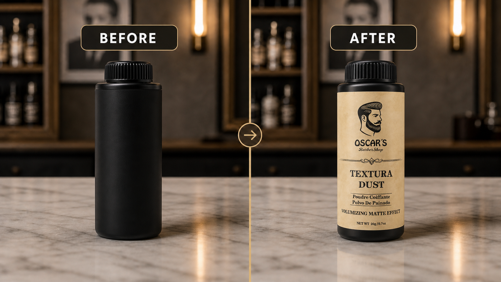 Before and after private label hair powder mockup showing an unbranded bottle transformed into an Oscar's Barber Shop product
